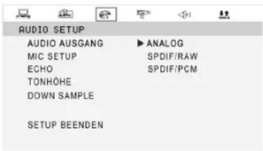 AUDIO SETUP AUDIO AUSGANG ▶ ANALOG MIC SETUP SPDIF/RAW ECHO SPDIF/PCM TONHOHE DOWN SAMPLE SETUP BEENDEN