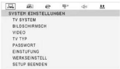 SYSTEM EINSTELLUNGEN TV SYSTEM BILDSCHIRMSCH VIDEO TV TYP PASSWORT EINSTUFUNG WERKSEINSTELL SETUP BEENDEN