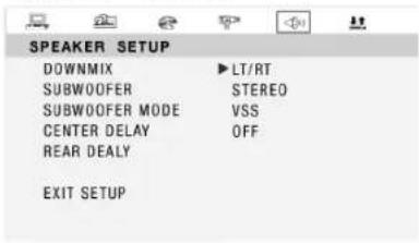 SPEAKER SETUP DOWNMIX ▶ LT/RT SUBWOOFER STEREO SUBWOOFER MODE VSS CENTER DELAY OFF REAR DEALY EXIT SETUP