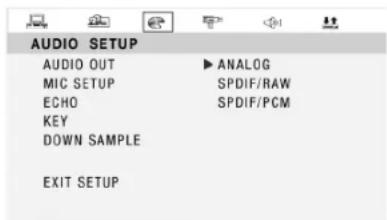 AUDIO SETUP AUDIO OUT ▶ ANALOG MIC SETUP SPDIF/RAW ECHO SPDIF/PCM KEY DOWN SAMPLE EXIT SETUP