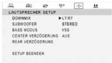 LAUTSPRECHER SETUP DOWNMIX ▶ LT/RT SUBWOOFER STEREO BASS MODUS VSS CENTER VERZÖGERUNG AUS REAR VERZÖGERUNG SETUP BEENDEN