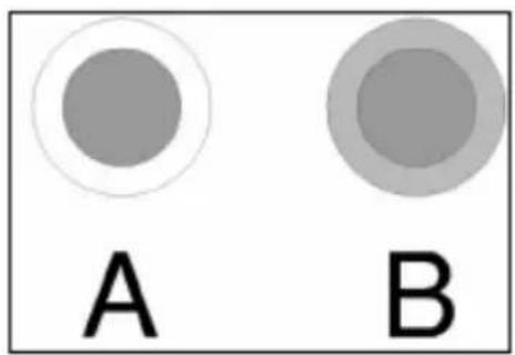 Two circular shapes labeled A and B, no text or symbols present