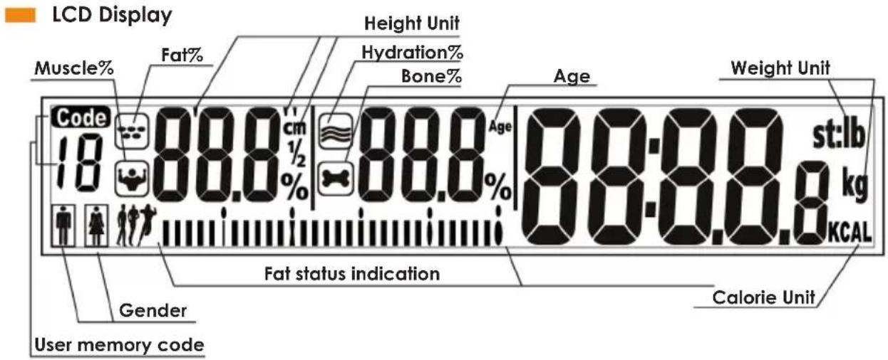 LCD Display Muscle% Fat% Height Unit Hydration% Bone% Age Weight Unit Code 10 88.8 cm 1/2 88.8 Age st:lb kg KCAL Fat status indication Calorie Unit Gender User memory code