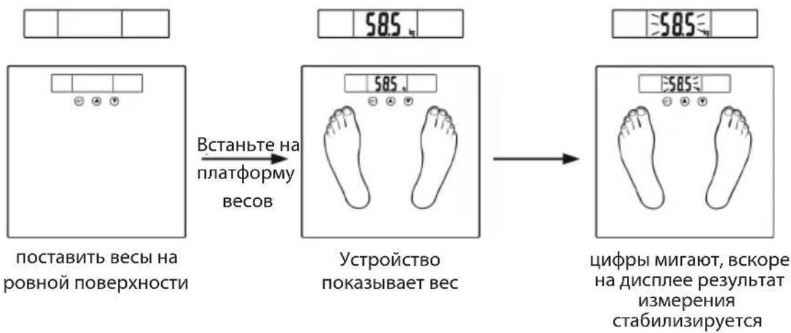 поставить весы на ровной поверхности Встаньте на платформу весов 585 Устройство показывает вес 585 цифры мигают, вскоре на дисплее результат измерения стабилизируется