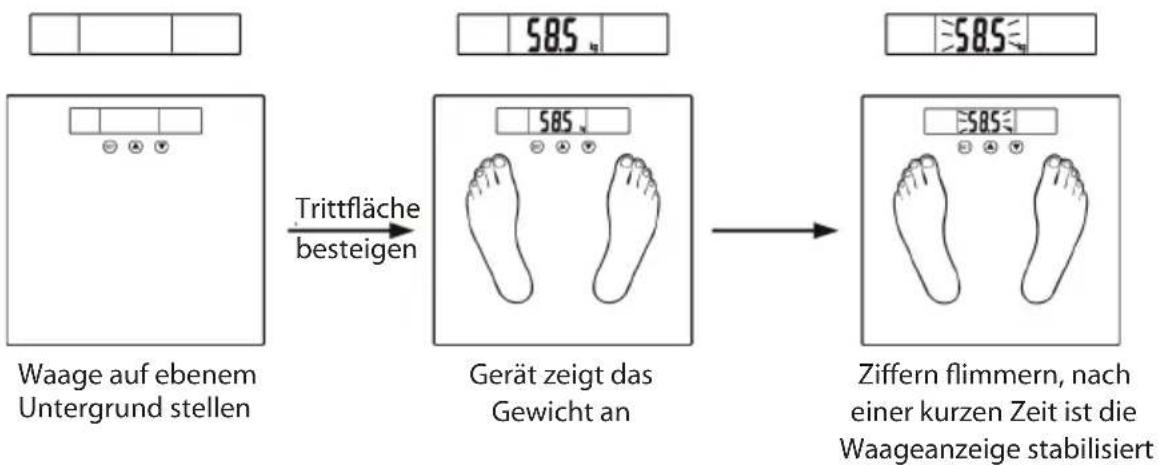 Waage auf ebenem Untergrund stellen Trittfläche besteigen 585 Gerät zeigt das Gewicht an 585 Ziffern flimmern, nach einer kurzen Zeit ist die Waageanzeige stabilisiert