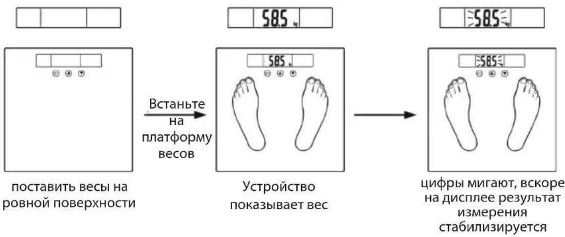 поставить весы на ровной поверхности Встаньте на платформу весов 585.4 Устройство показывает вес 585.4 цифры мигают, вскоре на дисплее результат измерения стабилизируется