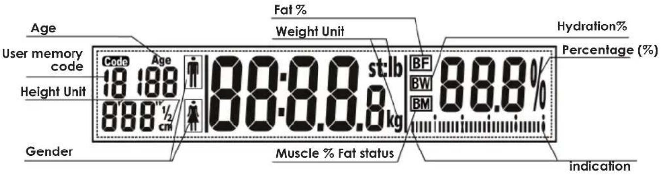 Age User memory code 18:188 Height Unit 888 ½ cm Gender Fat % Weight Unit 88.0.0.0 st:lb BF BW BM 88.8% Hydration% Percentage (%) Muscle % Fat status indication