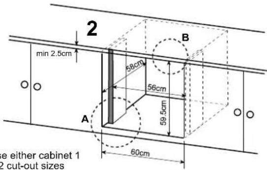 2 min 2.5cm 68cm 56cm 59.5cm A 60cm B e either cabinet 1 2 cut-out sizes