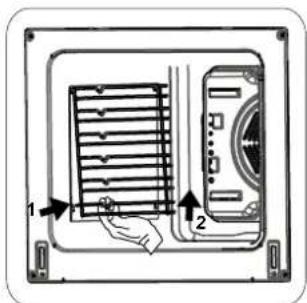 Diagram of a device interior showing labeled components with arrows indicating parts 1 and 2