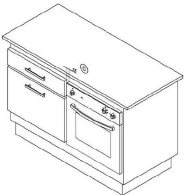 Line drawing of a two-door kitchen appliance with drawers and ovens (no text or symbols)