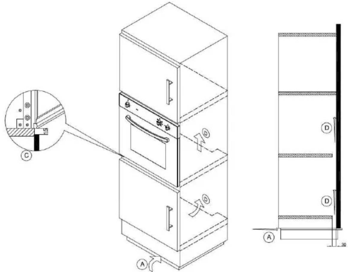 Technical diagram of a multi-level refrigerator with labeled components and cross-sectional views