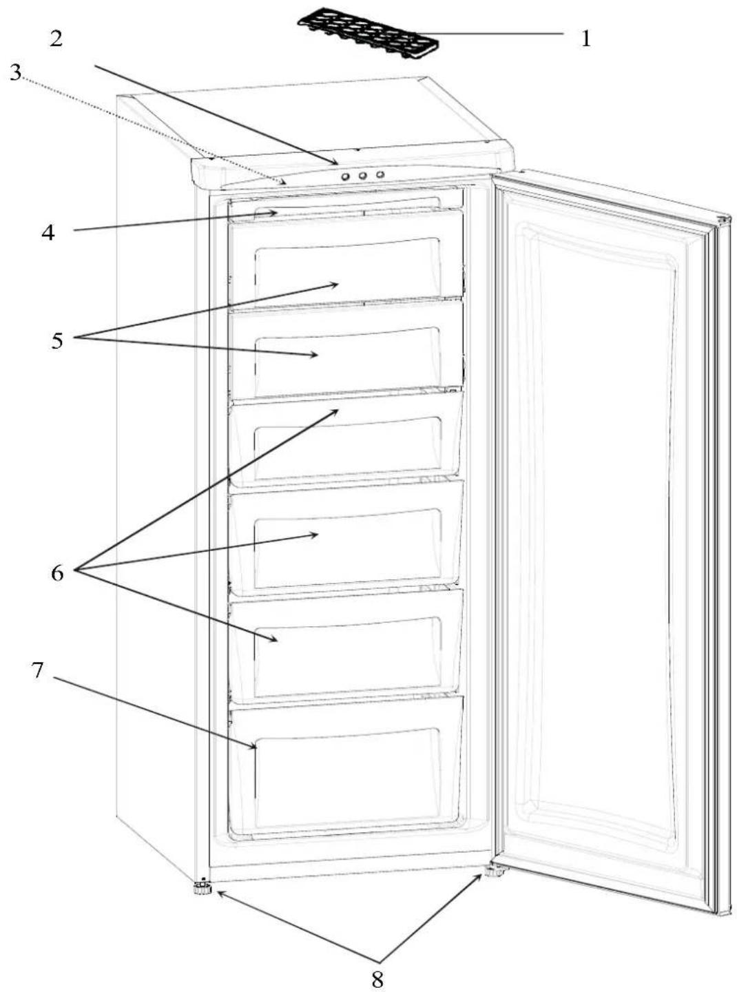 Labeled diagram of an open refrigerator interior showing numbered compartments and door structure