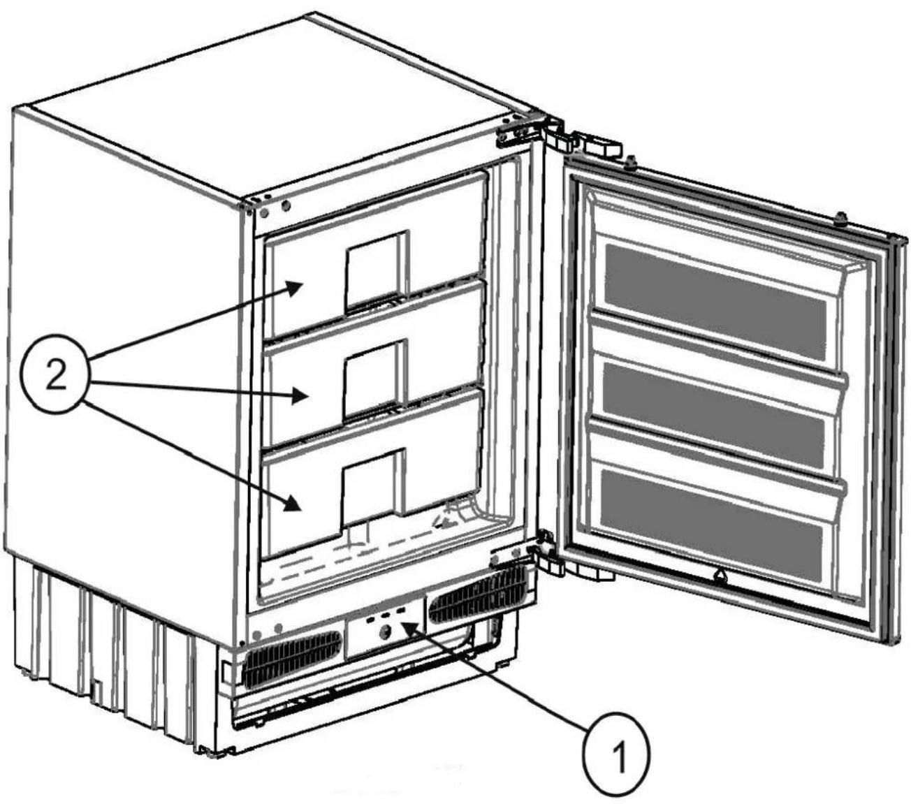 Technical diagram of an open refrigerator with labeled components and internal compartments