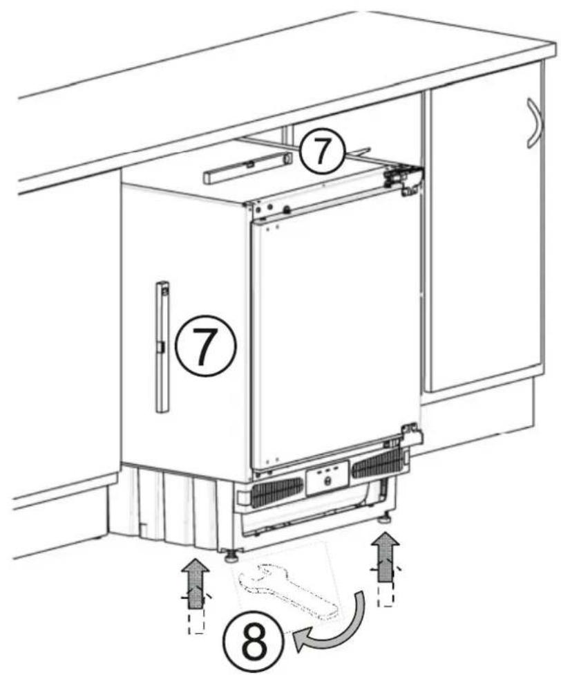 Technical diagram of a refrigerator with numbered components and directional arrows indicating assembly or movement.