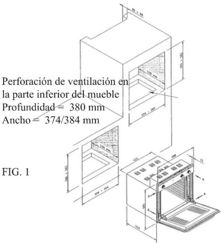Perforación de ventilación en la parte inferior del mueble Profundidad = 380 mm Ancho = 374/384 mm FIG. 1