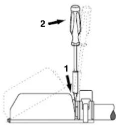 Technical diagram of a sewing machine with labeled parts 1 and 2, showing mechanical components and alignment lines.