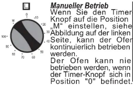 Manueller Betrieb Wenn Sie den Timer Knopf auf die Position "M" einstellen, siehe Abbildung auf der linken Seite, kann der Ofer kontinuierlich betrieben werden. Der Ofen kann nie betrieben werden, wenn der Timer-Knopf sich in Position "0" befindet.