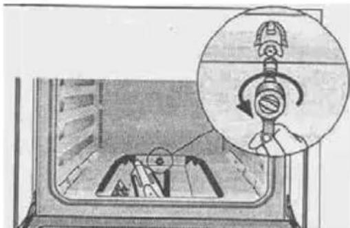 Diagram showing a device inside a container with an inset close-up of the handle (no text or symbols present)