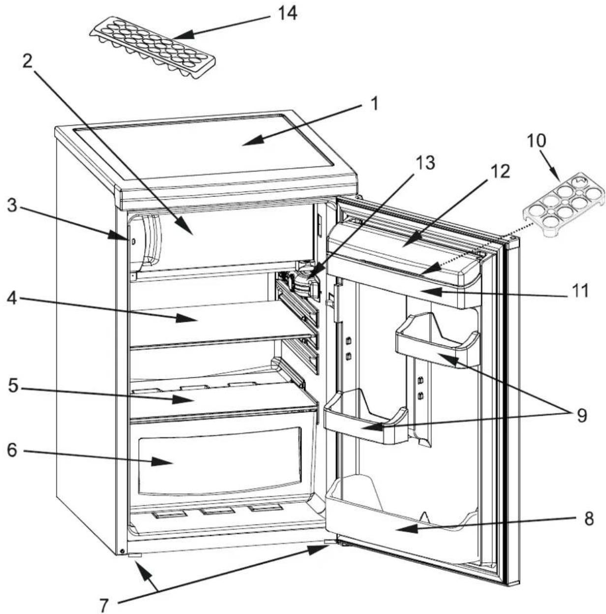 Technical diagram of an open refrigerator with numbered parts for identification and assembly reference.