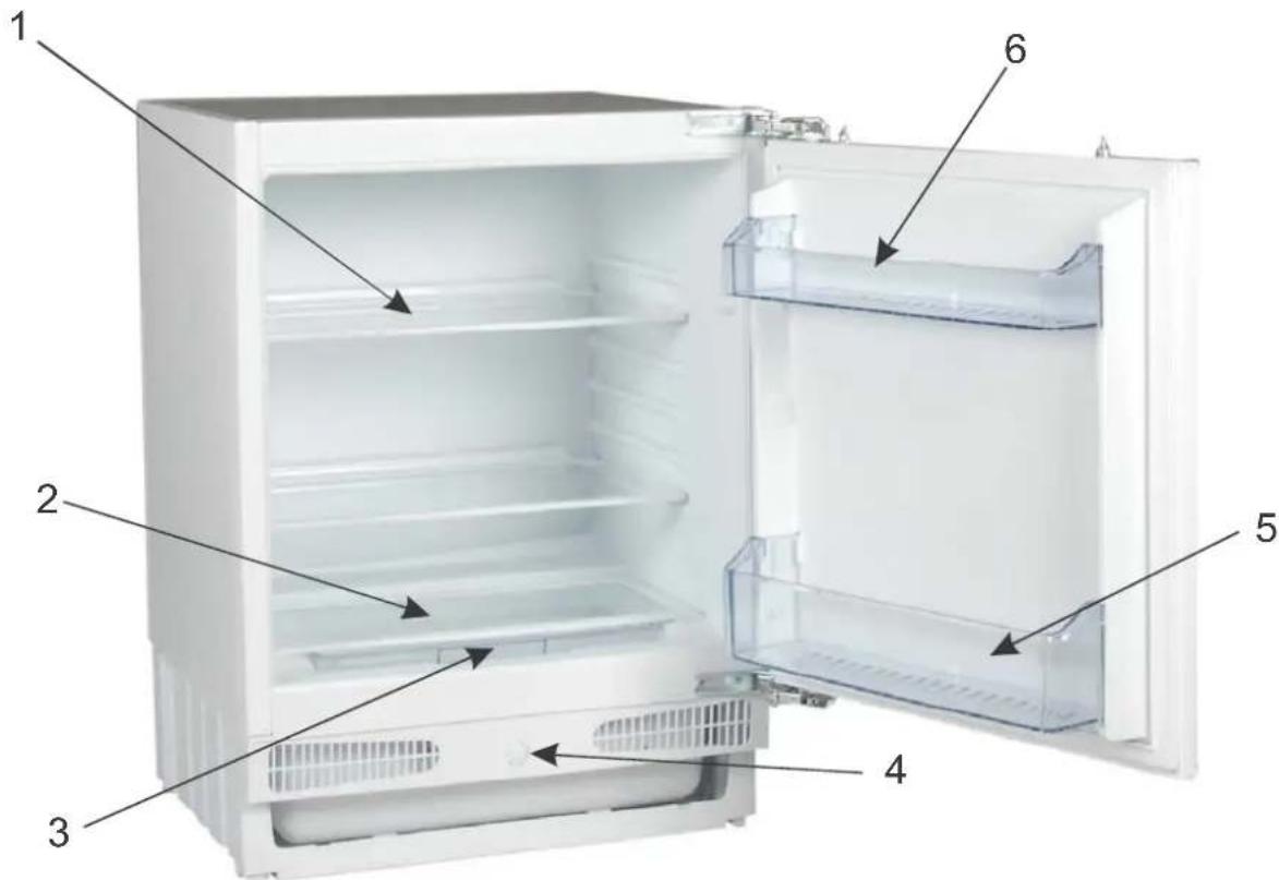 Diagram of a refrigerator interior with numbered parts for identification