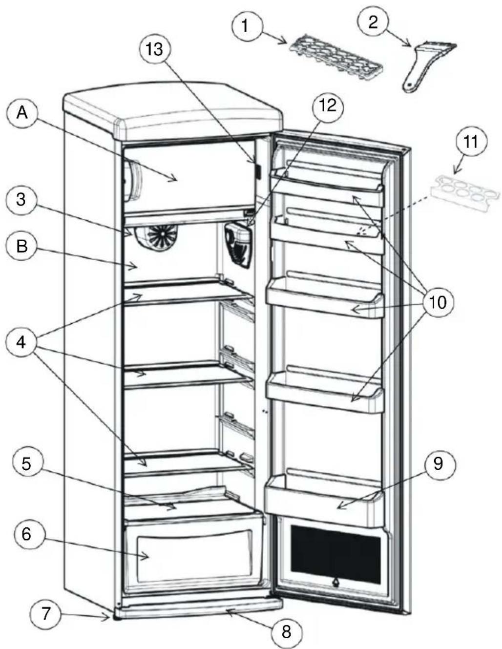 Labeled diagram of a refrigerator interior with numbered parts for identification