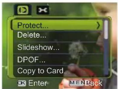 Protect... Delete... Slideshow... DPOF... Copy to Card... OK Enter MEN Back