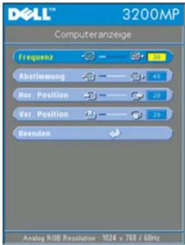 DELL™ 3200MP Computeranzeige Frequenz Abstimmung Hor. Position Ver. Position Deenden Analog ROB Resolution: 1024 x 768 / 6MHz