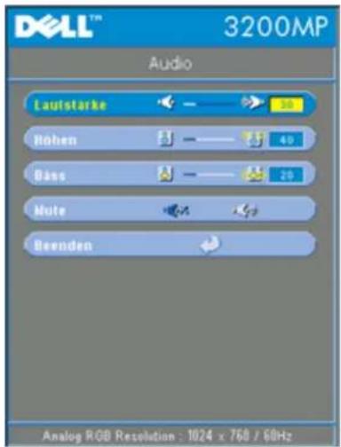 DELL™ 3200MP Audio Lauistarke ← → 50 Rohen — — 40 Bass — — 20 Mute Beenden Analog RGB Resolution: 1024 x 768 / 60Hz