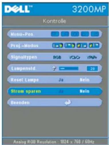 DELL™ 3200MP Kontrolle Menu-Pos Proj.-Modus Signaltypen RGB iC/Cr iP/A+ Lampensid Reset Lampe Ja Rein Strom sparen Ja Rein Beenden Analog RGB Resolution : 1824 x 768 / 60Hz