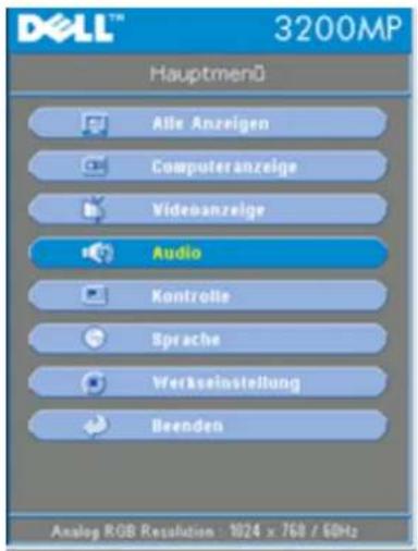 DELL™ 3200MP Hauptmenü Alle Anzeigen Computeranzeige Videmanzeige Audio Kontrolle Sprache Verkseinstellung Beenden Analog ROB Resolution : 1824 x 768 / 5GHz