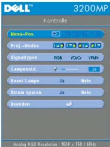 DELL™ 3200MP Kontrolle Menu-Pos. Proj.-Modus Signattypen RGB I/O/Cr IPAPt Lampensid. 20 Reset Lampe Ja Nein Strom sparen Ja Nein Beenden Analog RGB Resolution : 1024 x 768 / 50Hz