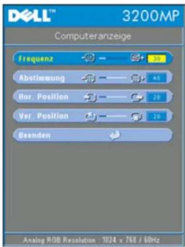 DELL™ 3200MP Computeranzeige Frequenz Abstimmung Hor. Position Ver. Position Deenden Analog ROB Resolution: 1024 x 768 / 6MHz