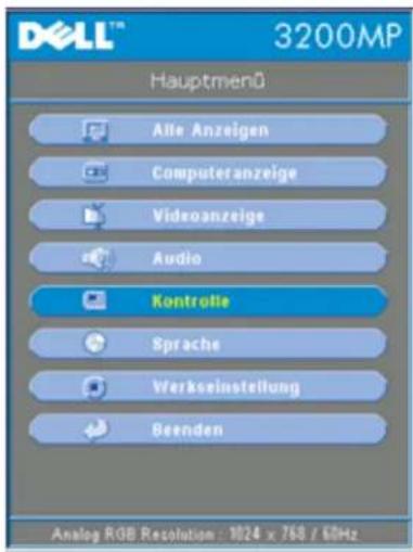 DELL™ 3200MP Hauptmenü Alle Anzeigen Computeranzeige Videoanzeige Audio Kontrolle Sprache Werkseinstellung Beenden Analog RGB Resolution : 1824 x 768 / 6MHz