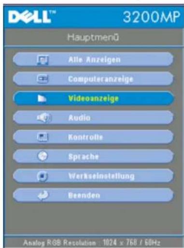 DELL™ 3200MP Hauptmenü Alle Anzeigen Computeranzeige Videoanzeige Audio Kontrolle Sprache Verkaufinstellung Beenden Analog RGB Resolution: 1024 x 768 / 60Hz