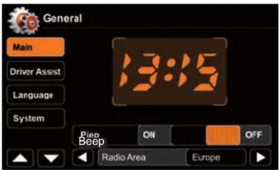 General Main Driver Assist Language System 13:15 Pien ON OFF Beep Radio Area Europe