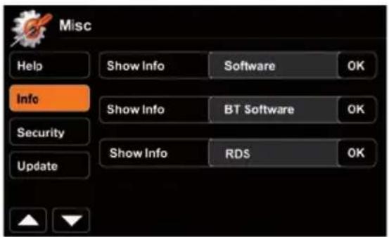 Misc Help Show Info Software OK Info Show Info BT Software OK Security Show Info RDS OK Update
