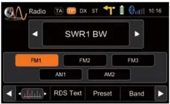 Radio TA TP DX ST 10:16 SWR1 BW FM1 FM2 FM3 AM1 AM2 RDS Text Preset Band