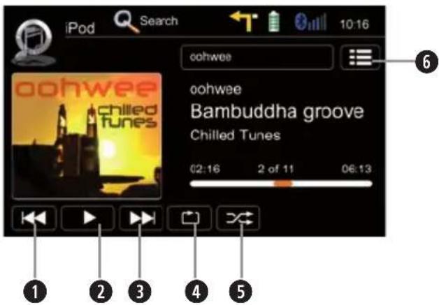 iPod Search 10:16 oohwee oohwee Chilled tunes Bambuddha groove Chilled Tunes 02:16 2 of 11 06:13 ① ② ③ ④ ⑤