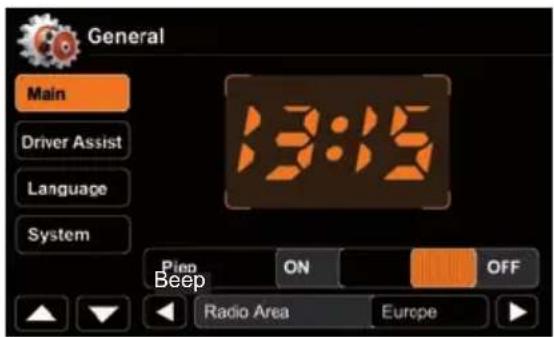 General Main Driver Assist Language System 13:15 Pimp ON OFF Beep Radio Area Europe