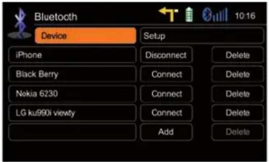 Bluetooth Device Setup iPhone Disconnect Delete Black Berry Connect Delete Nokia 6230 Connect Delete LG ku990i viewty Connect Delete Add Delete