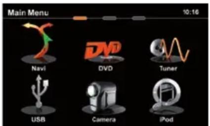 Main Menu 10:16 Navi DVD Tuner USB Camera iPod