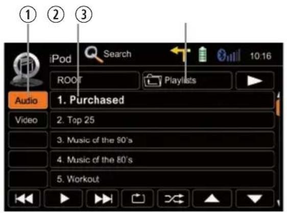 iPod Search 10:16 ROOT Playlists Audio 1. Purchased Video 2. Top 25 3. Music of the 80's 4. Music of the 80's 5. Workout
