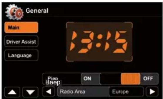 General Main Driver Assist Language 13:15 Pimp ON OFF Beep Radio Area Europe