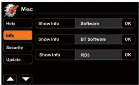 Misc Help Show Info Software OK Info Show Info BT Software OK Security Show Info RDS OK Update
