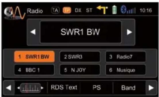 Radio TA TP DX ST SWR1 BW 1 SWR1 BW 2 SWR3 3 Radio7 4 BBC 1 5 N JOY 6 Musique RDS Text PS Band