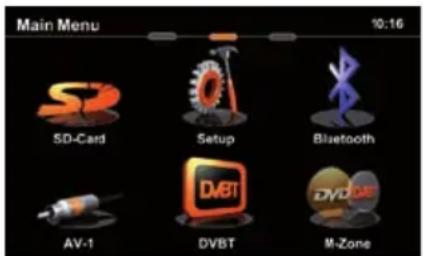 Main Menu 10:16 SD-Card Setup Bluetooth AV-1 DVBT M-Zone