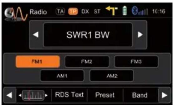 Radio TA TP DX ST 10:16 SWR1 BW FM1 FM2 FM3 AM1 AM2 RDS Text Preset Band