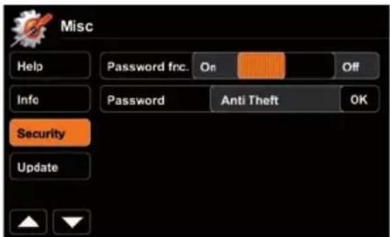 Misc Help Password fnc. On Off Info Password Anti Theft OK Security Update