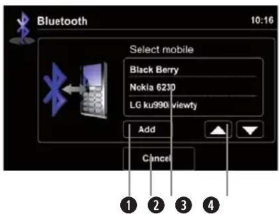 Bluetooth 10:16 Select mobile Black Berry Nokia 6210 LG ku990 viewty Add Cancel ① ② ③ ④