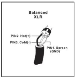 Balanced XLR PIN2. Hot(+) PIN3. Cold(-) PIN1. Screen (GND)